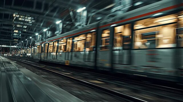 Subway train speeding through station at night with motion blur effect, creating a sense of dynamism and urban energy