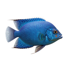 Radiant sapphire cichlid glides gracefully against a stark midnight backdrop aquarium life