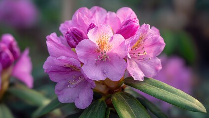 Obraz premium Close-up of a cluster of vibrant pink rhododendron flowers