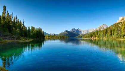 Naklejka premium tranquil lake with surrounding trees and distant mountains under clear blue sky