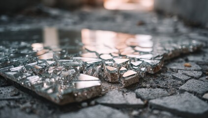 Broken mirror shards on rubble