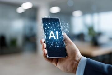 Close-up of a hand holding a smartphone displaying AI concept