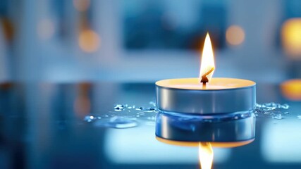 Small, lit tealight candle on reflective surface in dimly room - Powered by Adobe