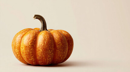 close-up of single rustic small orange pumpkin with defined surface texture on matte pale background, clean Thanksgiving styling with negative space