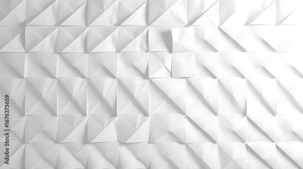 Poster geometric white paper background with folded triangles and pyramid shapes, creating a modern and abs