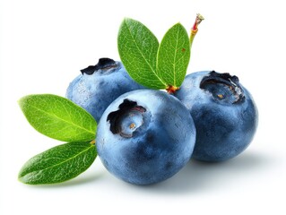 Obraz premium Close-up of three blueberries with fresh leaves