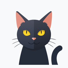 Stylized Flat Vector Illustration of a Black Cat with Bright Yellow Eyes and Pink Ears on a White Background