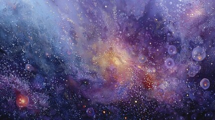 A vibrant depiction of a celestial expanse, showcasing swirling hues of violet, blue, and gold, teeming with tiny luminous specks and intricate patterns.