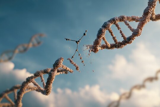 DNA strands breaking apart against a partly cloudy sky