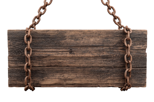 Rustic wooden sign hanging by chains