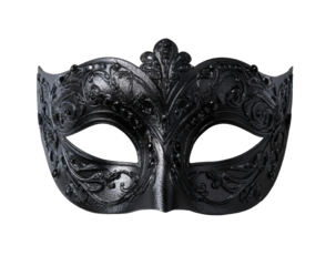 Ornate black masquerade mask against a black background
