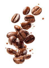 Obraz premium Coffee beans in mid-air, various angles