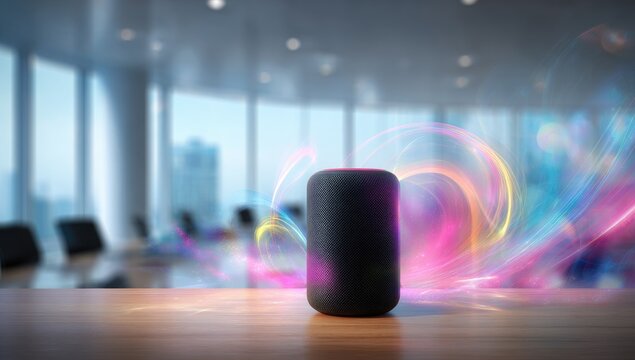 Smart speaker on a table in a modern office, surrounded by colorful, ethereal energy