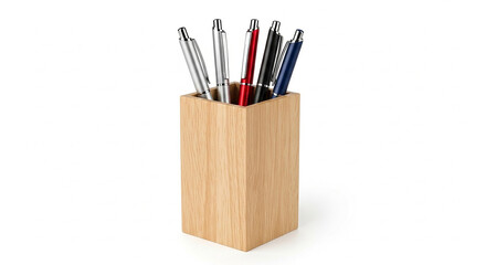 Obraz premium Wooden pen holder filled with assorted pens and pencils on white background