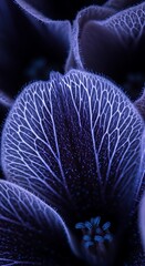 Mystical floral close-up showcasing intricate patterns and textures in indigo hues suggesting botanical abstraction
