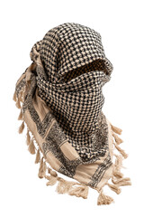 Beige and black checkered head covering