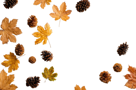 Autumn leaves and pine cones scattered on black background