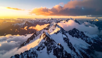 Aerial view of majestic mountain peaks at sunset