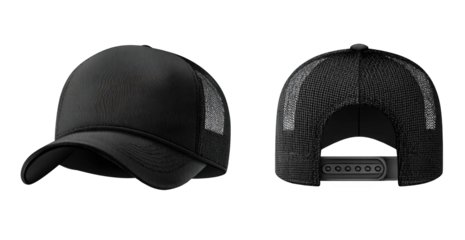 Black trucker hat, front and back views