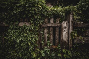 Aged wooden fence overgrown with lush greenery