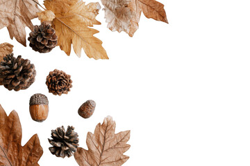 Autumnal display of fallen leaves, pinecones, and acorns