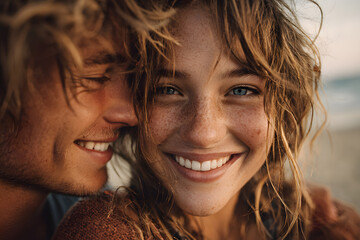 Couple at the beach embracig and smiling