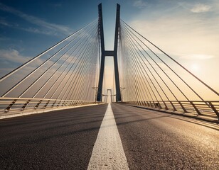 Obraz premium a perspective view of a cable stayed bridge with a road leading to the horizon
