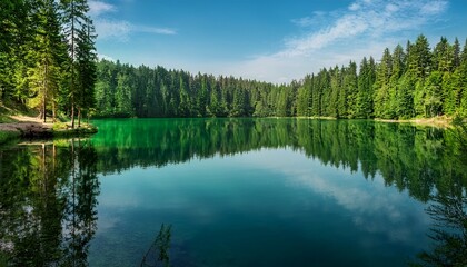 Fototapeta premium emerald lake reflections a serene woodland vista