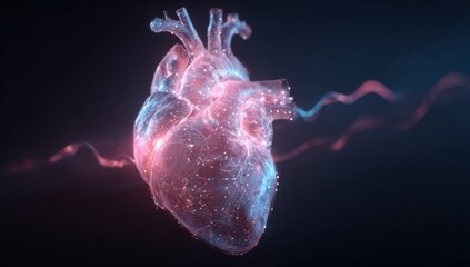3D rendered heart, glowing particles