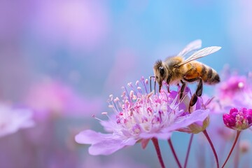 Honeybee on a vibrant pink flower, soft pastel background