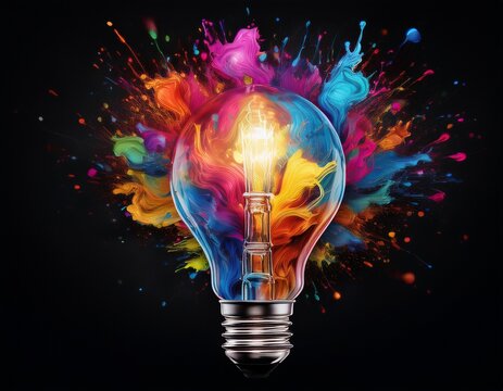 creative light bulb explodes with colorful paint sparks and splashes on a black background concept think differently creative idea concept motion color ink swirling