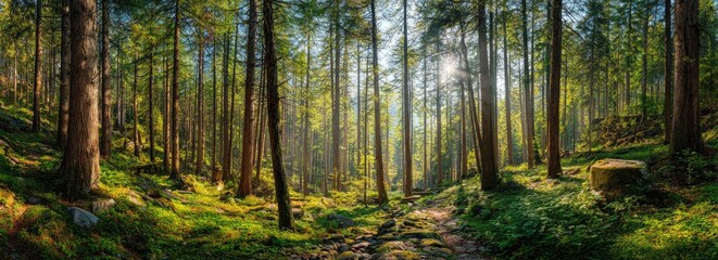 Sunlight streams through a dense forest, illuminating mossy ground and tall trees