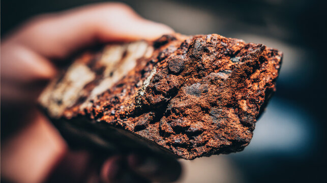 A close-up of ancient volcanic rock with magnetic minerals, being studied with a magnetometer, showcasing the role of volcanic rocks in magnetic dating to determine age and historical data