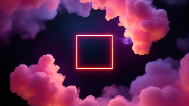 Vibrant abstract scene featuring a glowing square frame amidst colorful swirling clouds