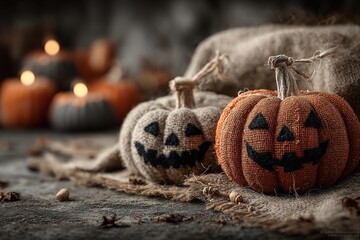 Dancing carved pumpkins with spooky faces, Halloween celebration banner or postcard concept