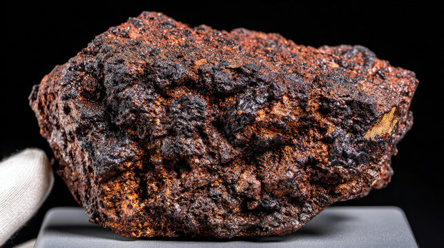 A close-up of ancient volcanic rock with magnetic minerals, being studied with a magnetometer, showcasing the role of volcanic rocks in magnetic dating to determine age and historical data