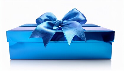 holographic blue gift box with ribbon and bow isolated on white background