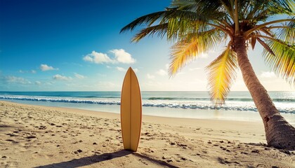 surfboard and palm tree on the beach surfing area travel adventure and water sport