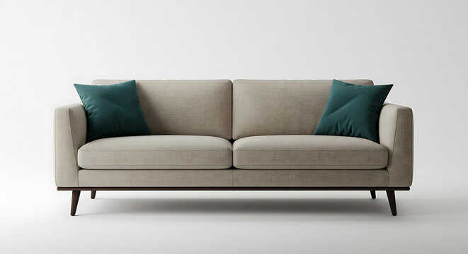 Elegant beige minimalist sofa with two dark teal throw pillows and tapered legs.