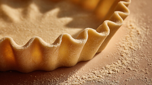 close-up of single hand-crimped pie crust edge with warm golden tones on matte neutral background, fine crumbly detail, clean seasonal dessert styling with ample empty space