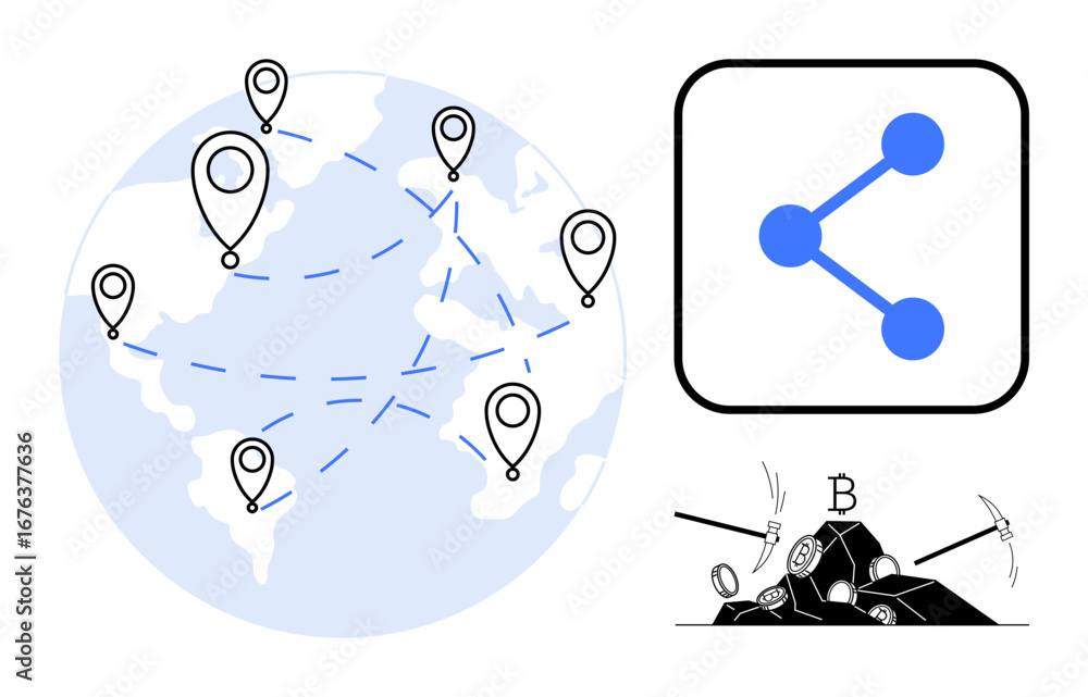 Poster globe with location pins connected by lines, share icon, bitcoin mining scene with tools. ideal for 