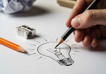 Inspiring idea discovery, a hand sketches a lightbulb, symbolizing creativity and innovation.