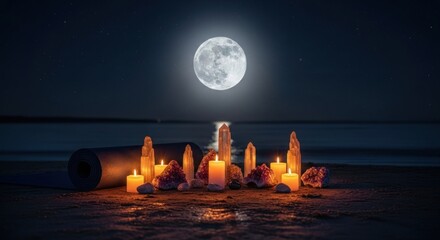 Nighttime beach scene with crystals, candles, and yoga mat.  Moonlight illuminates
