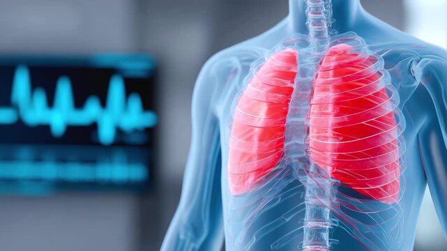Human body respiratory system anatomy showing lung and rib cage with heartbeat monitor background medical health concept transparent spine