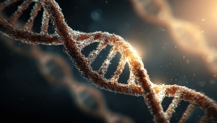 A detailed 3D rendering of a DNA helix, highlighting its intricate structure and the granular texture of the components.  A spotlight effect emphasizes the spiral form