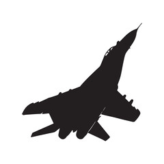 Black Silhouette of a Mig29 Fulcrum Fighter Jet Against White Background