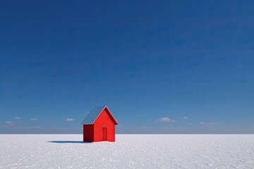 Red house on a snow-covered plain under a vast blue sky