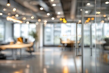 Blurred modern office interior with glass walls, showing a spacious layout with workspaces and natural light