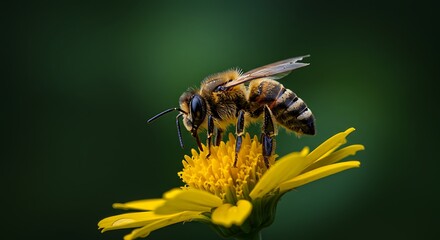A detailed macro photograph captures a diligent honeybee collecting nectar and pollen from a vibrant yellow wildflower against a soft green background