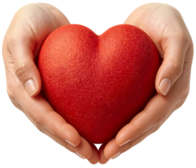Hands holding red heart, charity donation, dark background